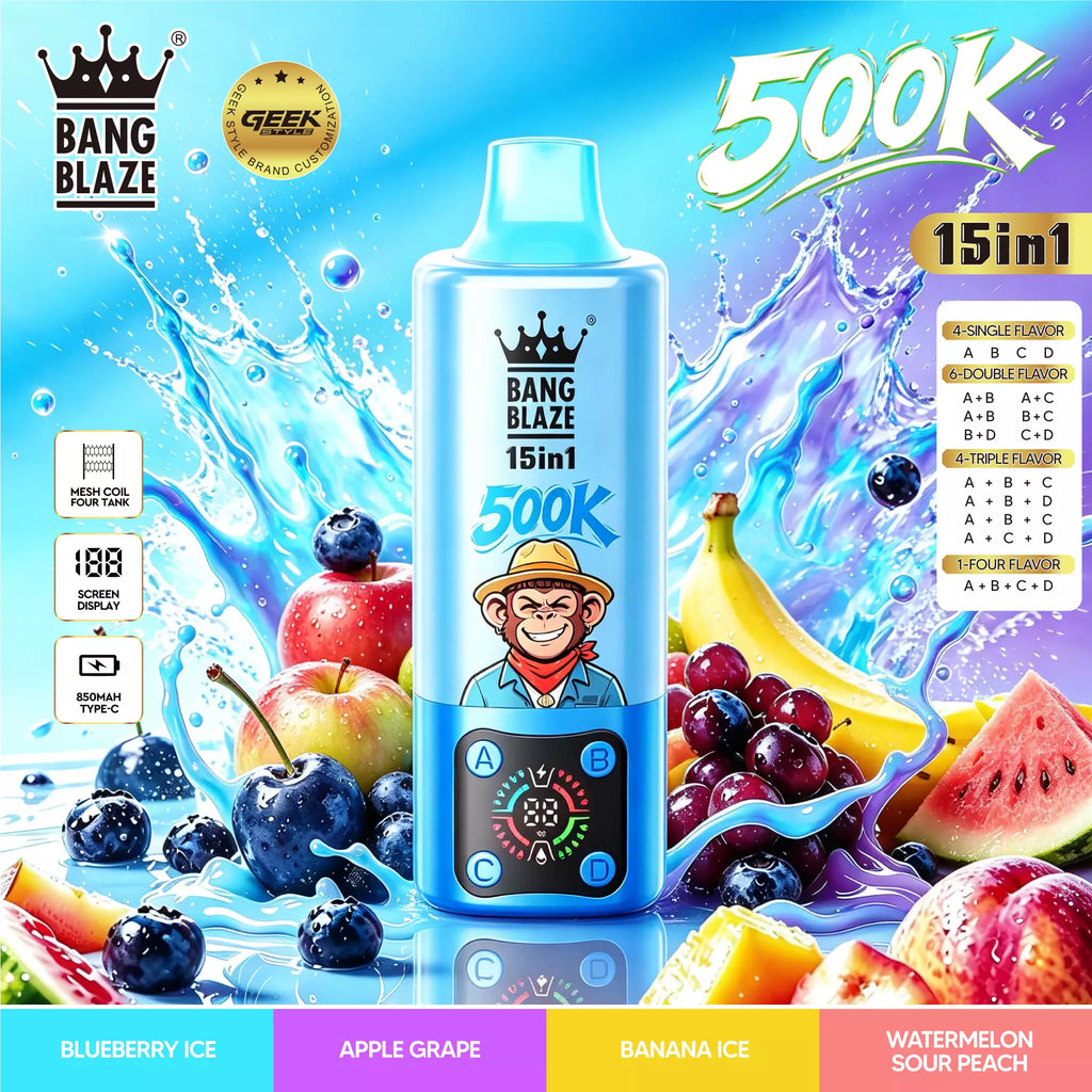 Bang Blaze 500K Puffs 15 in 1 Disposable Vape | 4 Adjustable Fruit Flavors Mesh Coil 850mAh Type-C Rechargeable Vape