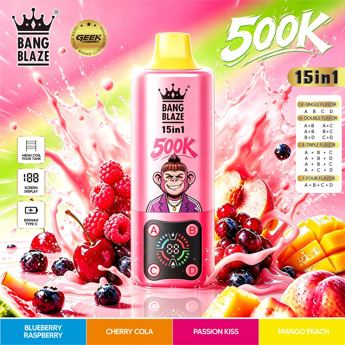 Bang Blaze 500K Puffs 15 in 1 Disposable Vape | 4 Adjustable Fruit Flavors Mesh Coil 850mAh Type-C Rechargeable Vape