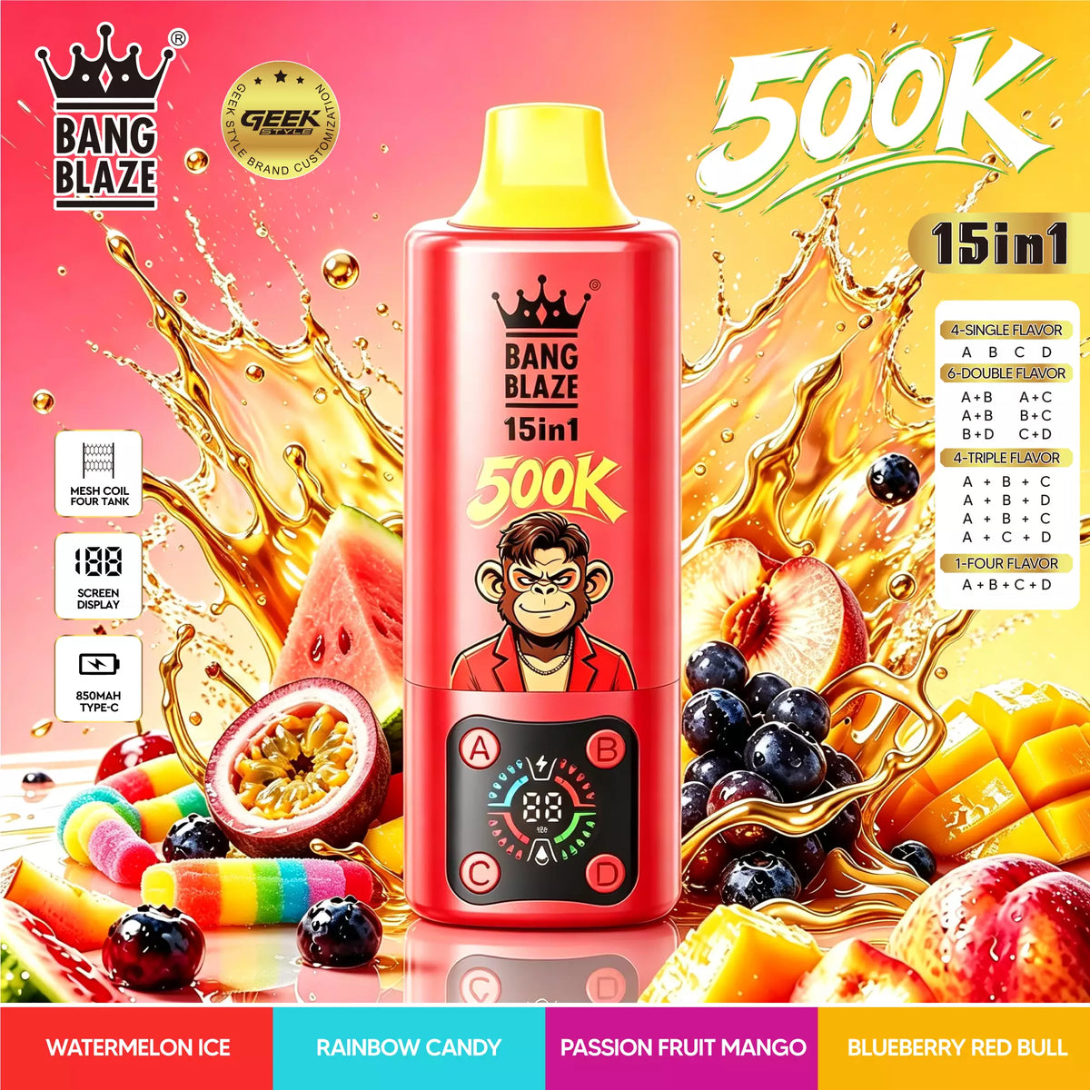 Bang Blaze 500K Puffs 15 in 1 Disposable Vape | 4 Adjustable Fruit Flavors Mesh Coil 850mAh Type-C Rechargeable Vape