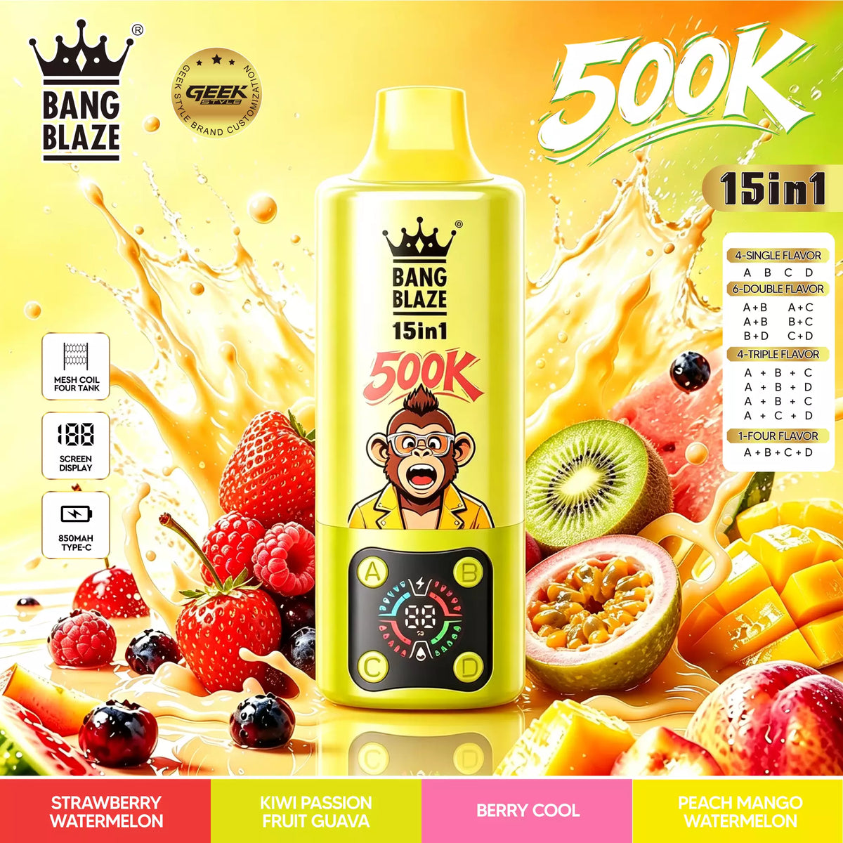 Bang Blaze 500K Puffs 15 in 1 Disposable Vape | 4 Adjustable Fruit Flavors Mesh Coil 850mAh Type-C Rechargeable Vape