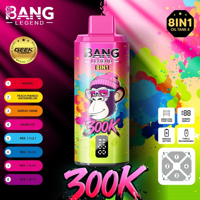 Bang Legend Geek 300K Jednorazowy waporyzator -Mamba + Brzoskwinia+mango i arbuz + Napój energetyczny + Winogrono z lodem