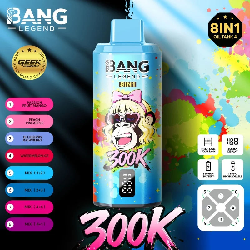Bang Legend Geek 300K Jednorazowy waporyzator – Komora smakowa 8 w 1 | Do 300 000 zaciągnięć | Jednorazowy waporyzator z funkcją przełączania smaków
