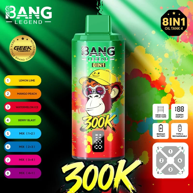 Bang Legend Geek 300K Jednorazowy waporyzator -Cytryna i kwaśna pomarańcza + Mango z brzoskwinią + Arbuz z lodem + Owoce leśne z lodem