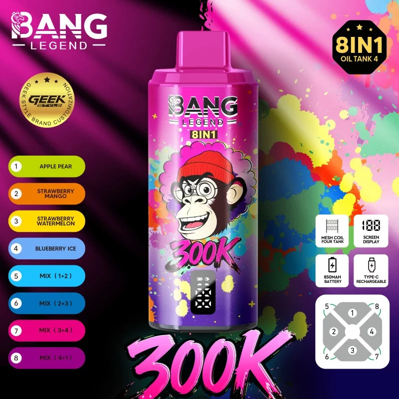 Bang Legend Geek 300K Jednorazowy waporyzator -Jabłko i gruszka + Truskawka z mango + Truskawka i arbuz + Jagoda z lodem