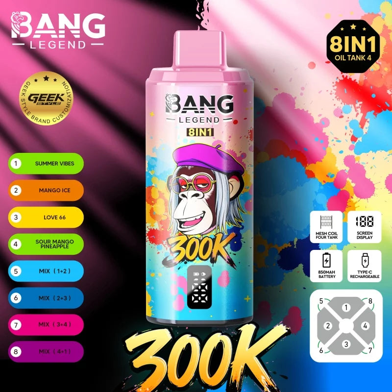 Bang Legend Geek 300K Jednorazowy waporyzator -Lato + Mango z lodem + Miłość 66 + Kwaśne mango i ananas Kiwi+ marakuja i gujawa + Winogrono z lodem + Namiętny pocałunek + Arbuz z kwaśną brzoskwinią