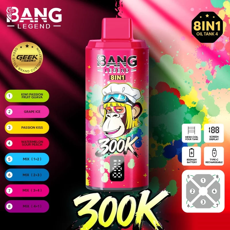 Bang Legend Geek 300K Jednorazowy waporyzator – Komora smakowa 8 w 1 | Do 300 000 zaciągnięć | Jednorazowy waporyzator z funkcją przełączania smaków