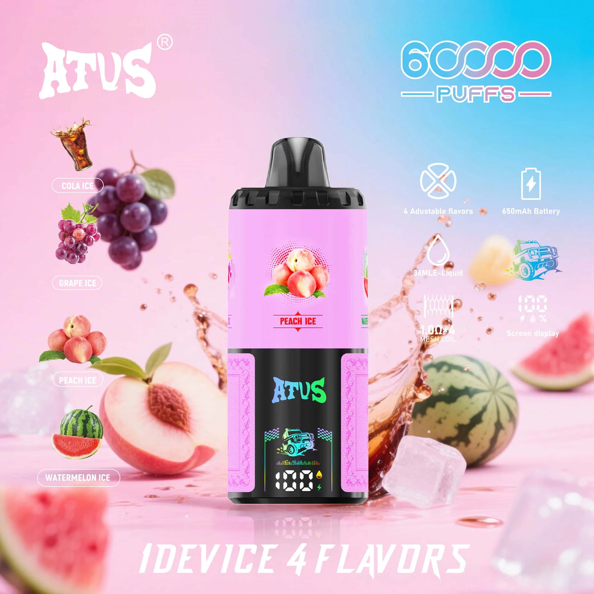 ATVS 60000 Puffs 4 w 1 Smak Jednorazowy Vape-Cola lodowa+Winogrono lodowe+Brzoskwinia lodowa+Arbuz lodowy