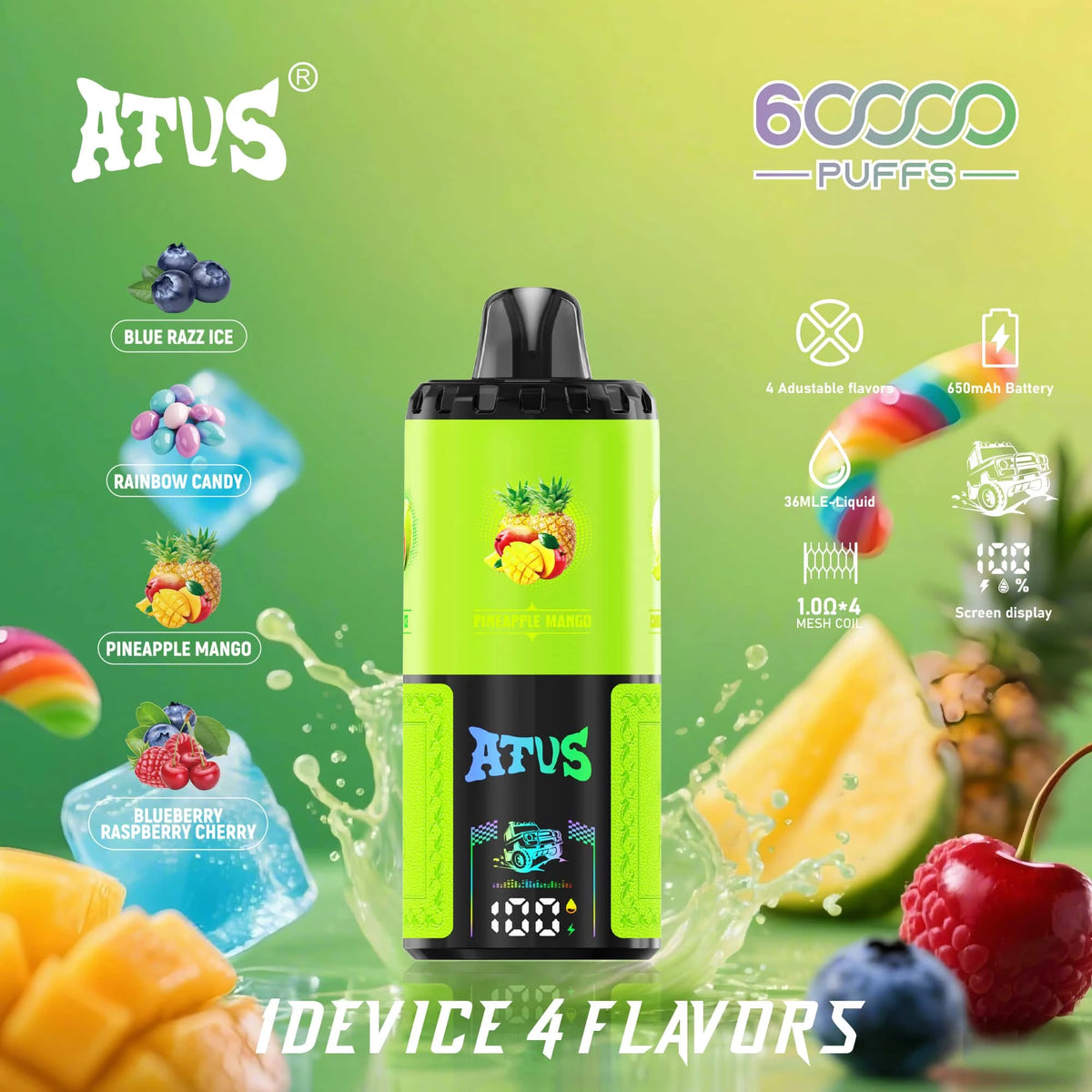 ATVS 60000 Puffs 4 w 1 Smak Jednorazowy Vape-Blue Razz lodowy+Laski różowe+Ananas-mango+Jagoda-malina-śliwka